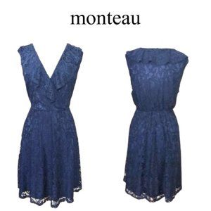 MONTEAU Ruffled Navy Battenburg Lace Summer Dress